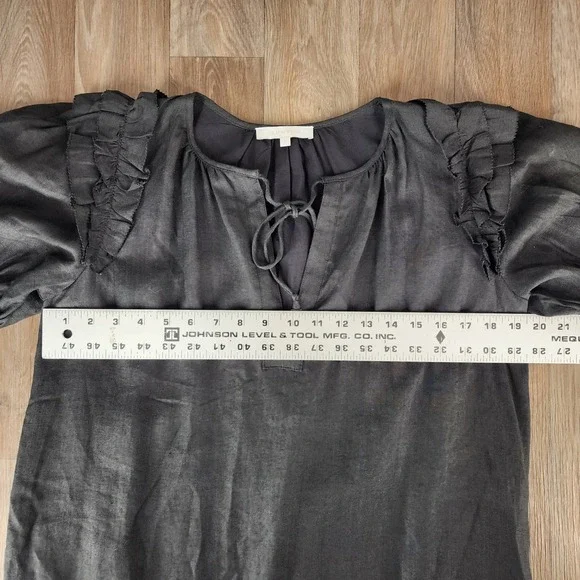 Olivaceous Black Ramie Linen Blend Ruffle Puff Sleeve Mini Shift Dress Small - Picture 6 of 14